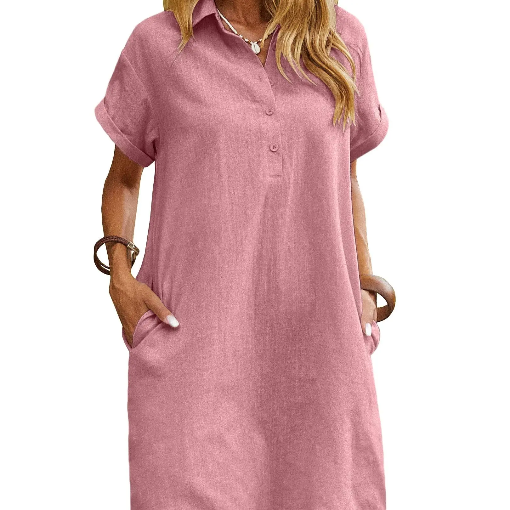 Women's Cotton Shirt Dress – Short Sleeve Button Down Beach Cover Up with Pockets