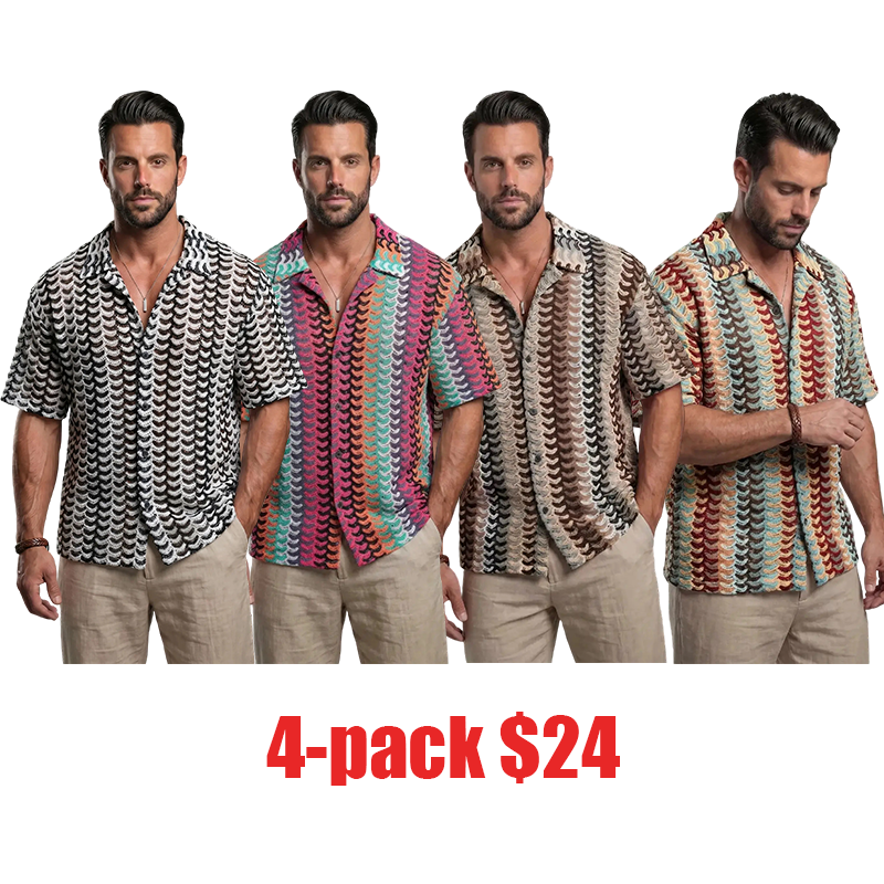 Men's Summer Short Sleeve Openwork Knit Shirt – Colorful Drawstring Breathable Casual Fashion Apparel for Everyday Wear