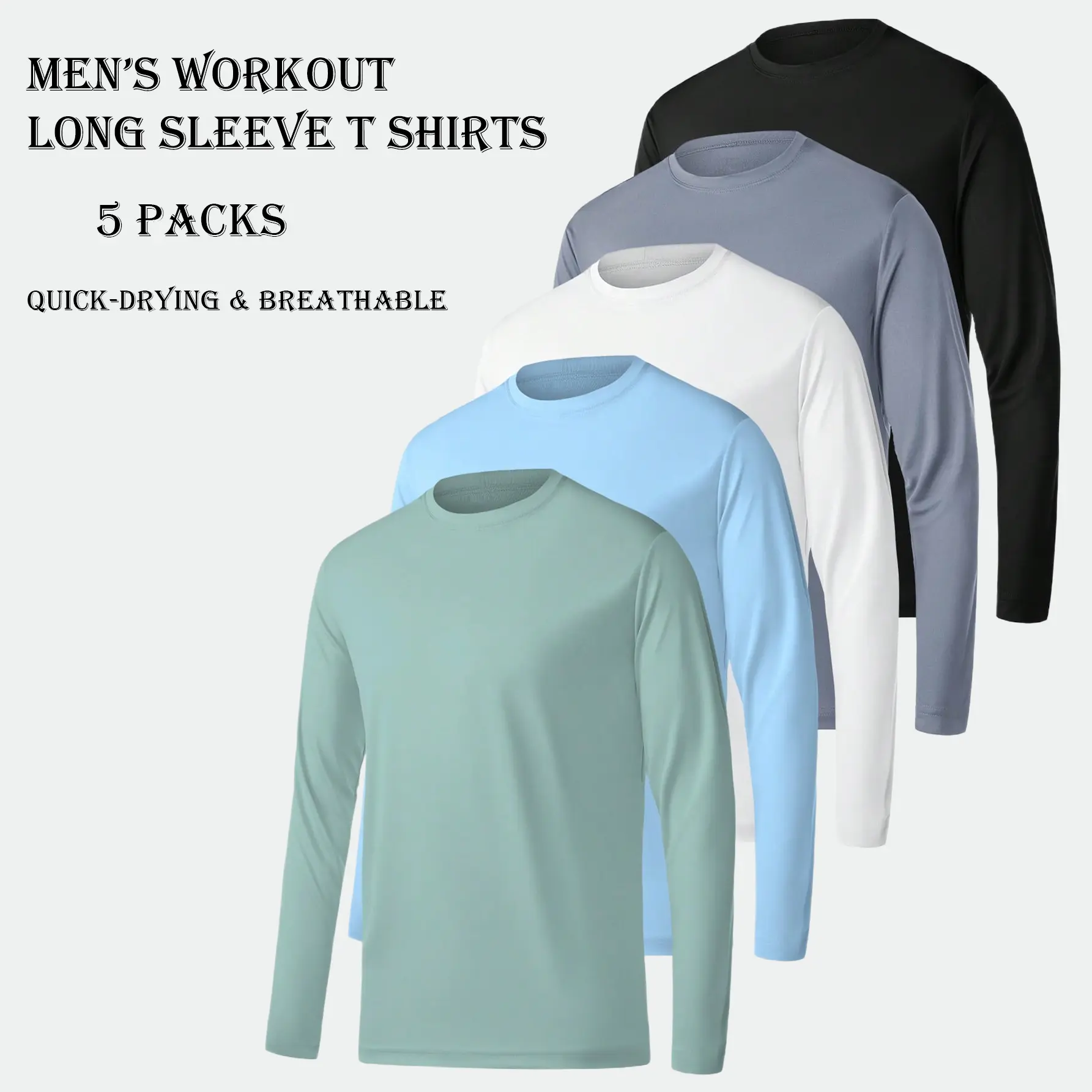 10-Pack Men's Long Sleeve Workout T-Shirts – Lightweight Breathable Sports Tops, Multi-Color
