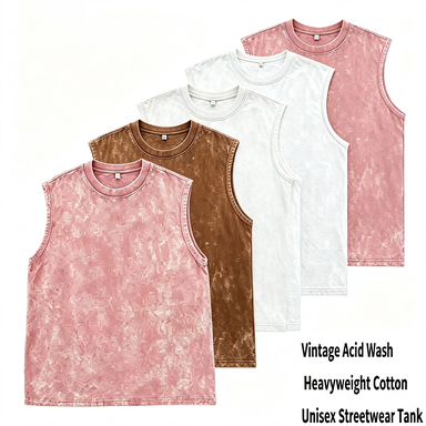 Unisex 5-Pack Acid Wash Tank Tops – Heavyweight Cotton Loose Fit Vintage Streetwear Sleeveless Tees