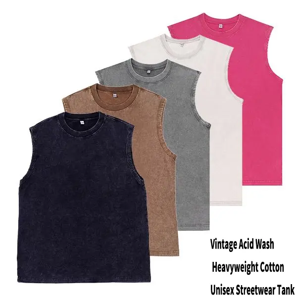 Unisex 5-Pack Acid Wash Tank Tops – Heavyweight Cotton Loose Fit Vintage Streetwear Sleeveless Tees