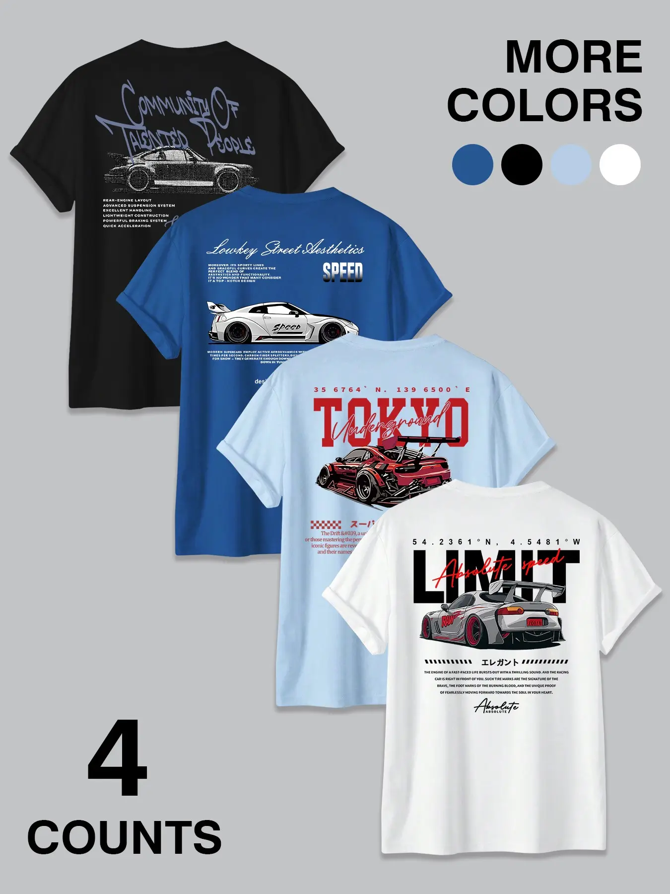 Men's 4-Pack JDM Street Tee – Racing Graphic Fitted Casual T-Shirt Set