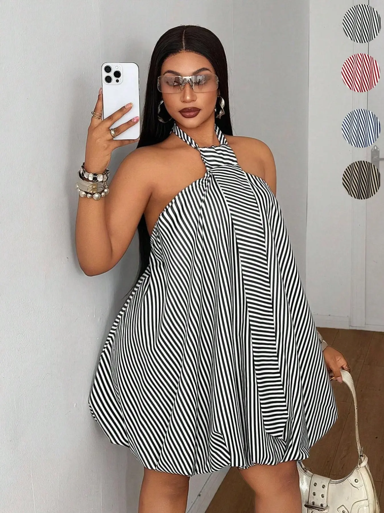 Plus Size Striped Halter Dress – Loose Short Summer Beach Sundress