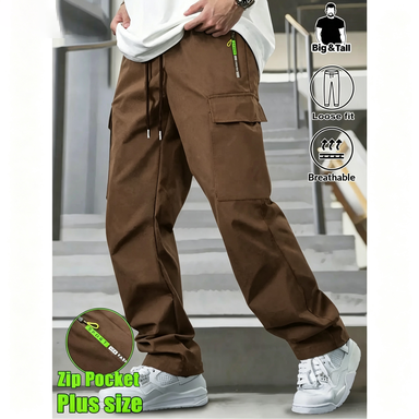 Men's Big & Tall Loose Cargo Pants – Elastic Drawstring Multi-Pocket Casual Streetwear for Outdoor & Daily Wear