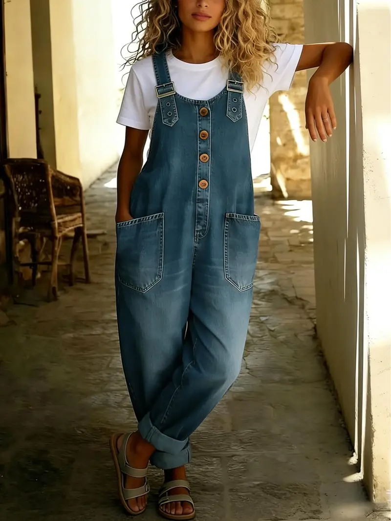 Women's Vintage Wide Leg Denim Overalls – Button Front Loose Bib Jumpsuit Romper