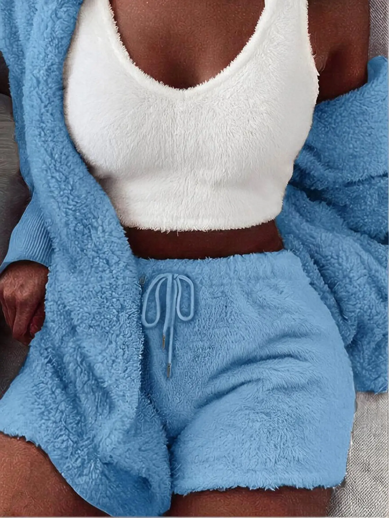 Women's 3-Piece Plush Pajama Set – Fluffy Hooded Coat, Cami Top & Shorts Winter Sleepwear