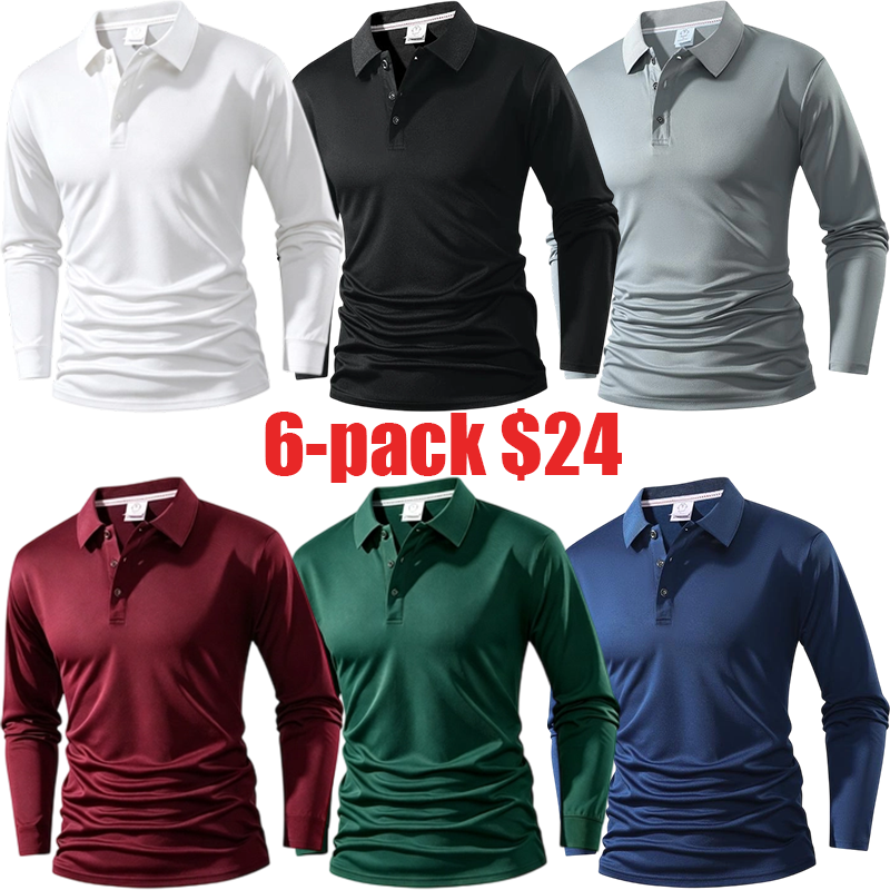 Men's 6-Piece Quick-Dry Polo Set – Long Sleeve Color-Block Golf Tennis Shirt with 2026 Print