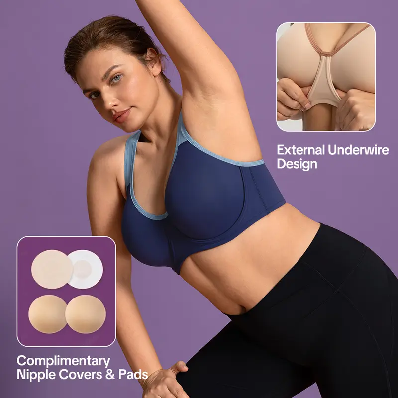 Women's 5-Pack Plus Size Sports Bra – Soft Support Non-Padded Unlined Full Coverage Activewear with Wide Straps & Outside Underwire for Everyday Fitness
