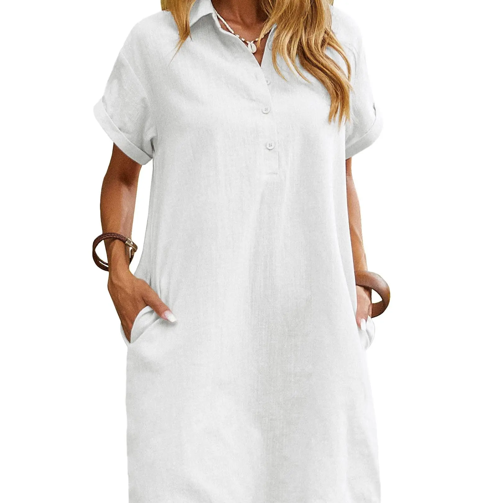 Women's Cotton Shirt Dress – Short Sleeve Button Down Beach Cover Up with Pockets