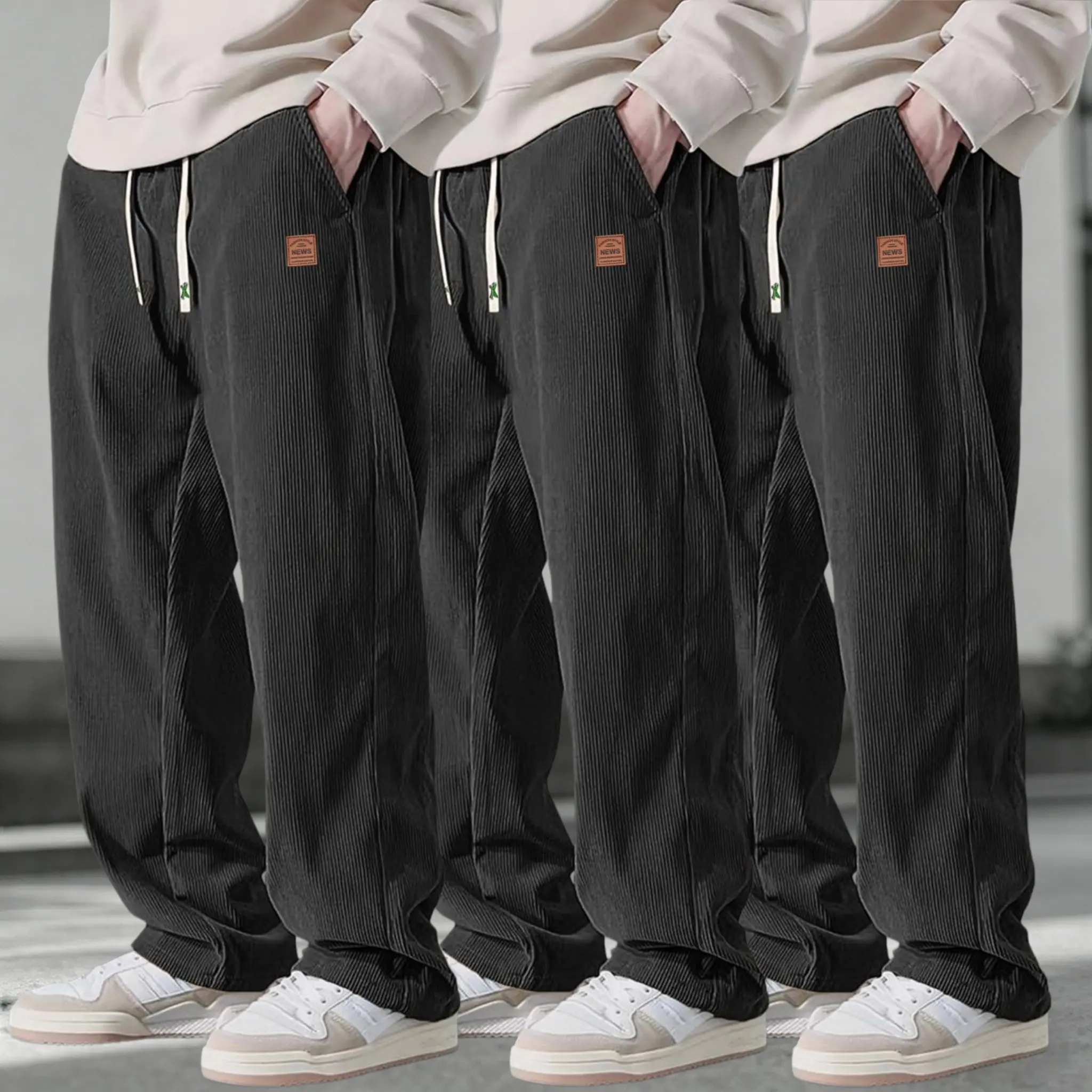 Men's 3-Pack Corduroy Pants – Loose Straight-Leg Drawstring Casual Trousers
