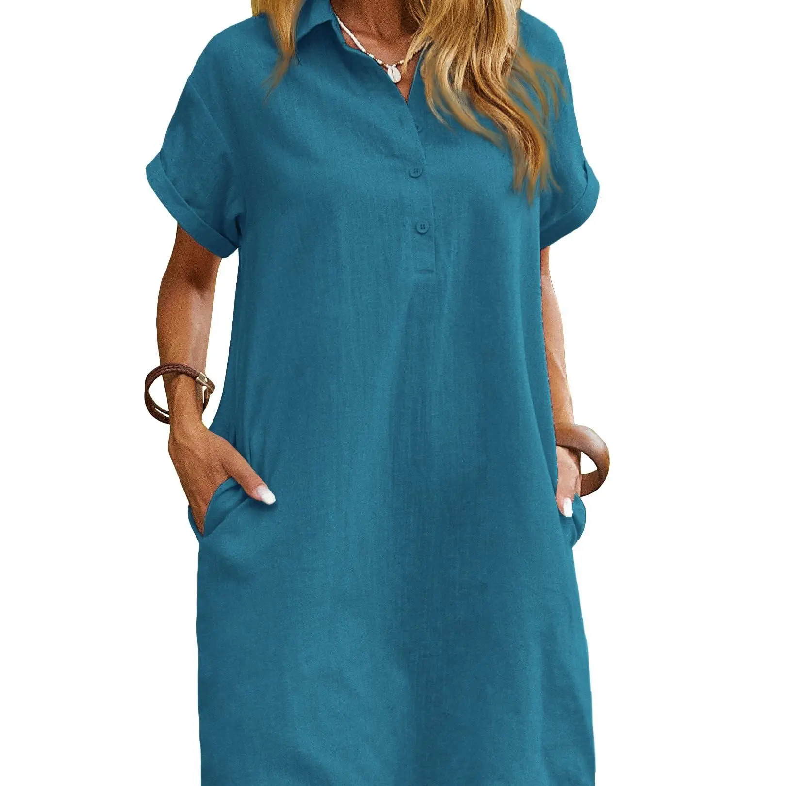 Women's Cotton Shirt Dress – Short Sleeve Button Down Beach Cover Up with Pockets