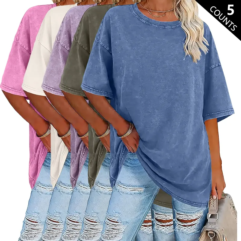 Women's 5-Pack Washed Cotton T-Shirts – 230g/m² Heavyweight Vintage Crew Neck Summer Tees