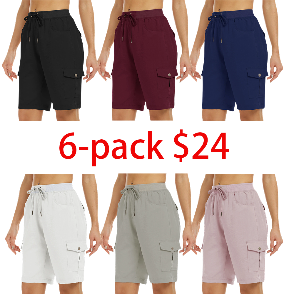 Women's 6-Pack Lightweight Quick Dry Outdoor Shorts – Elastic Waistband with Pockets for Hiking Camping