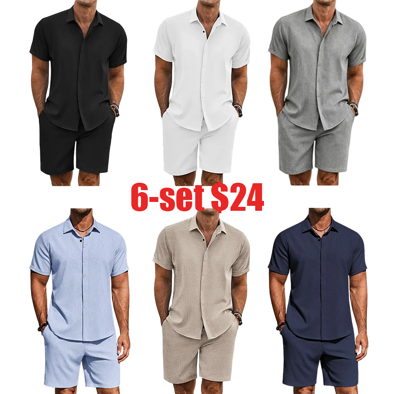 Men's Summer Beach Outfit 2-Piece Short Sleeve Shirt & Shorts Set – Premium Linen Texture Fabric for Vacation & Casual Wear