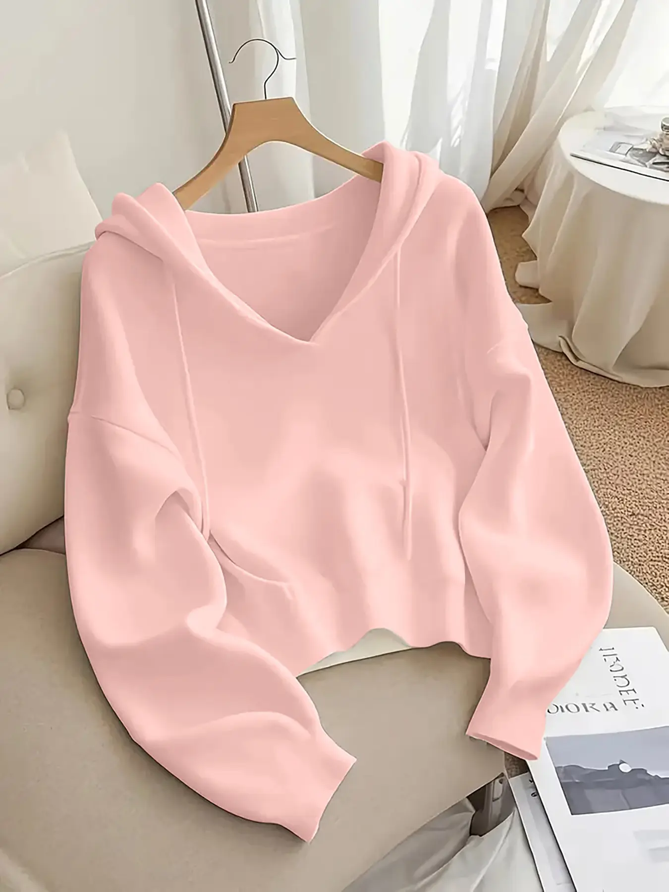Women's 6-Pack V-Neck Drawstring Hoodie - Loose Fit Soft Knit Pullover, Casual Long Sleeve