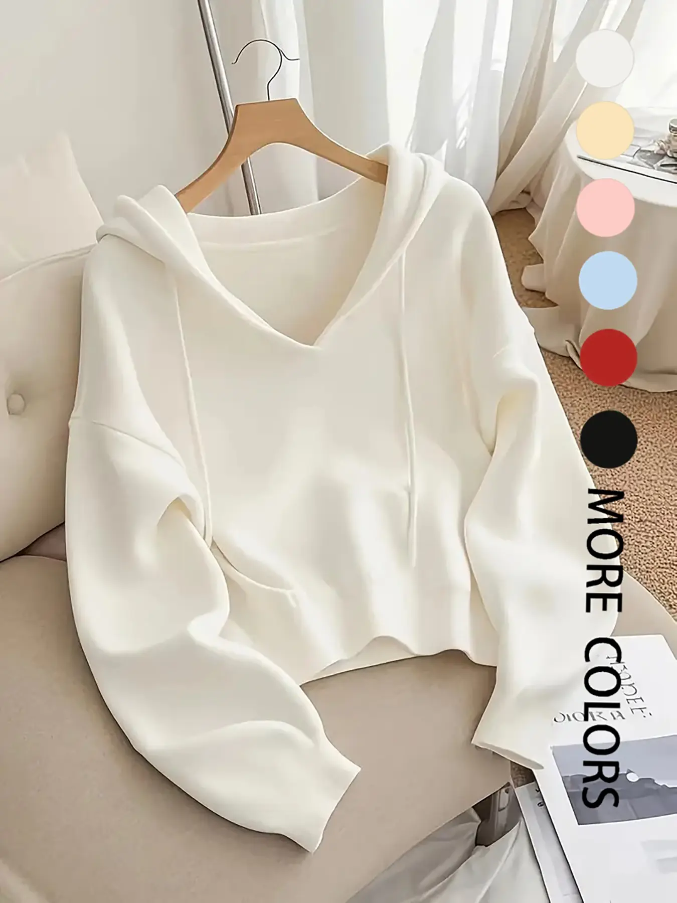 Women's 6-Pack V-Neck Drawstring Hoodie - Loose Fit Soft Knit Pullover, Casual Long Sleeve
