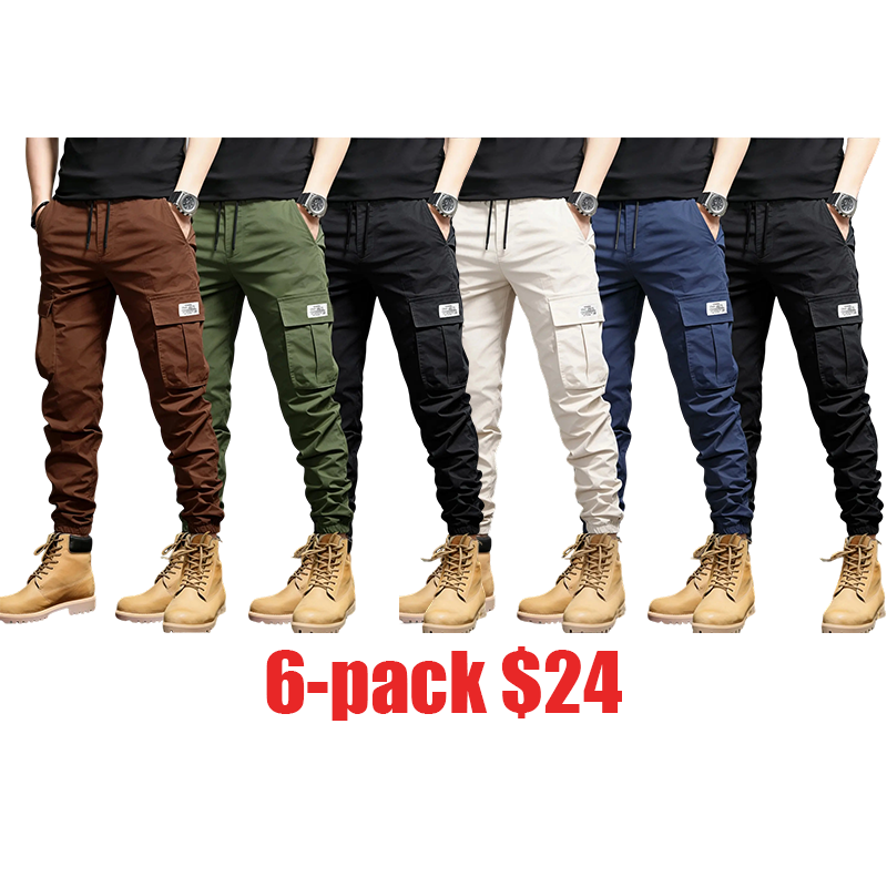 6-Pack Men’s Casual Multi-Pocket Cargo Jogger Pants, Slim Fit, Tapered Leg