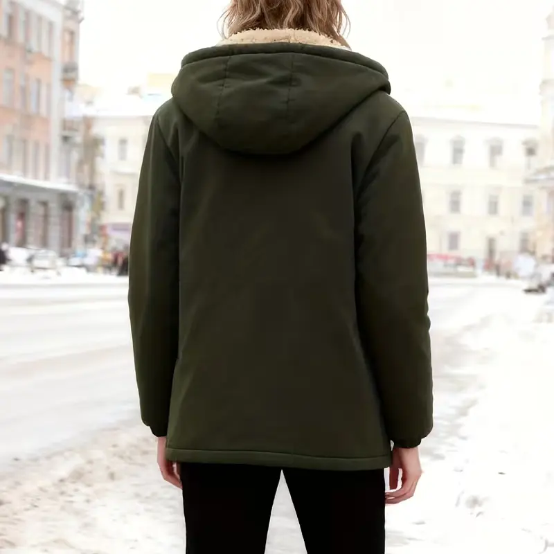 Women's Fleece Hooded Coat – Thick Warm Outerwear with Patch Detailing, Worldwide Shipping