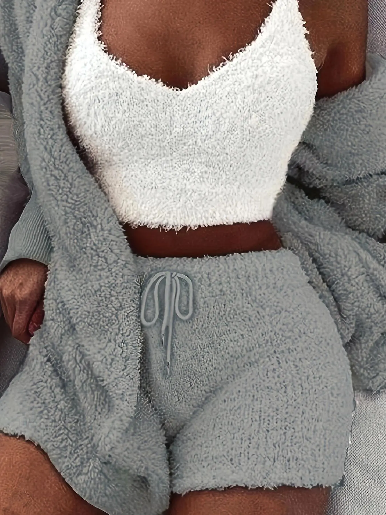 Women's 3-Piece Plush Pajama Set – Fluffy Hooded Coat, Cami Top & Shorts Winter Sleepwear