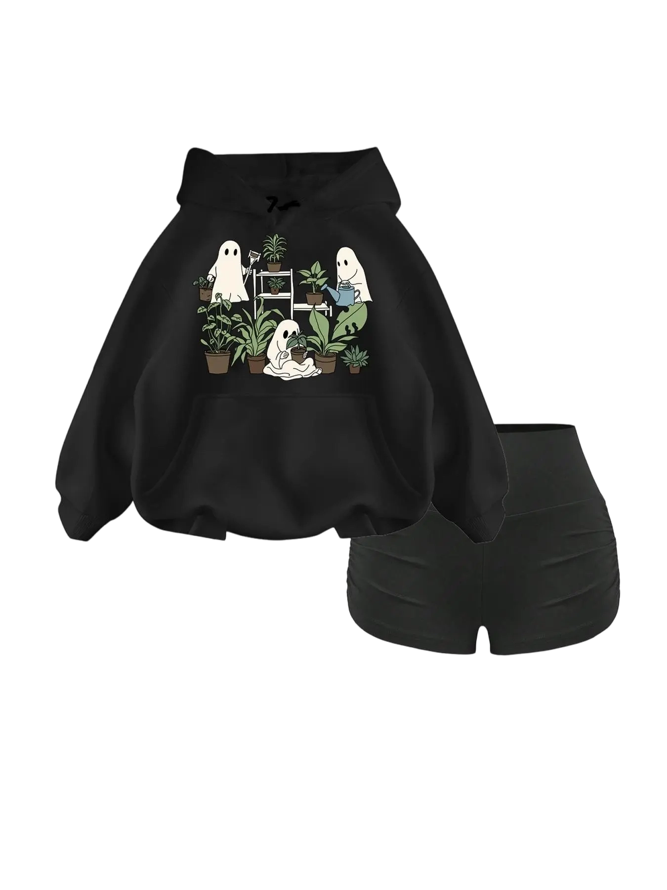 Women's 2-Piece Hooded Sweatshirt Set – Preppy Knit Pullover with Pocket & Halloween Print