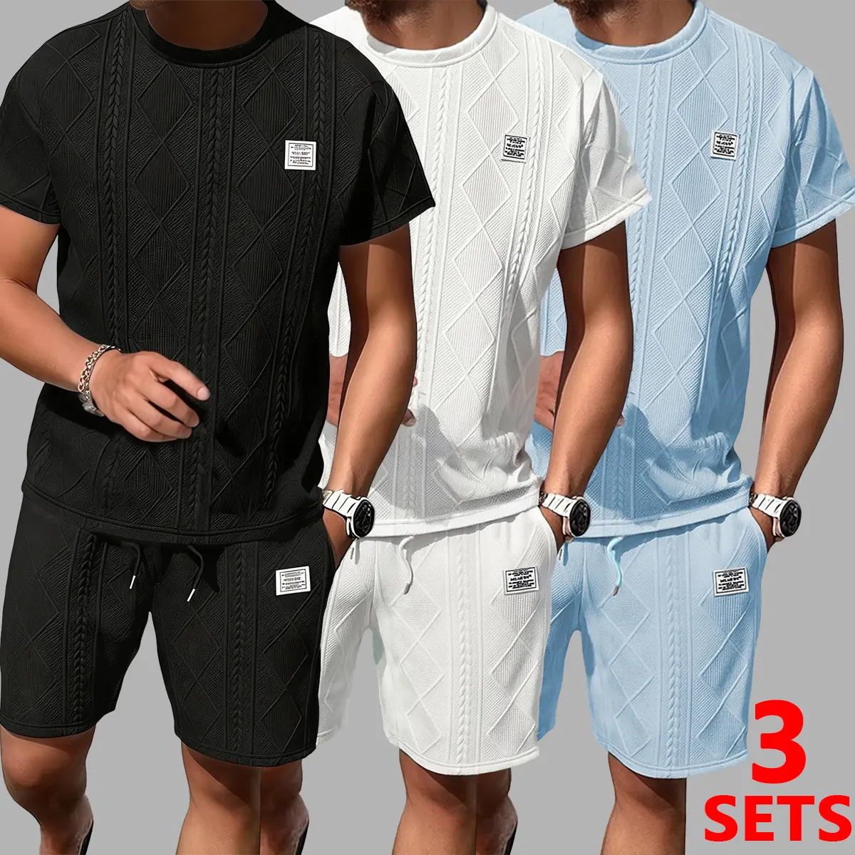 Men's 3 set Casual Jacquard 2-Piece Outfits – Breathable Crew Neck T-Shirt & Shorts Set for Summer Running & Leisure, Preppy Fitted Cut