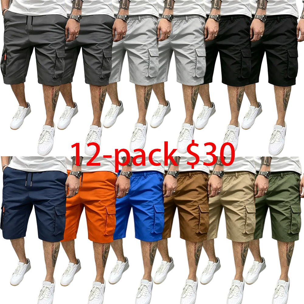 8-Pack Men’s Sport Casual Cargo Shorts — Multiple Pockets, Drawstring Elastic Waist, Decorative False Zipper; Suitable for Outdoor Hiking, Daily Running, and Commuting