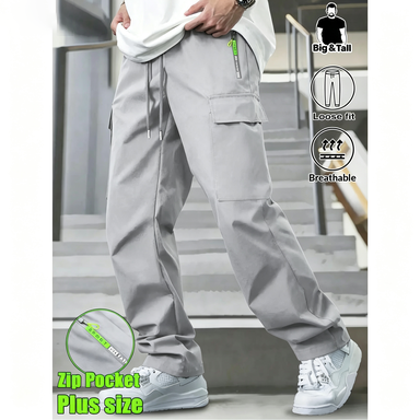 Men's Big & Tall Loose Cargo Pants – Elastic Drawstring Multi-Pocket Casual Streetwear for Outdoor & Daily Wear