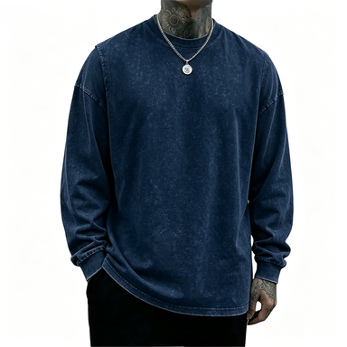 Men's 8-Pack Oversized Washed Long-Sleeve Tee – Unisex Distressed Vintage Crewneck Top