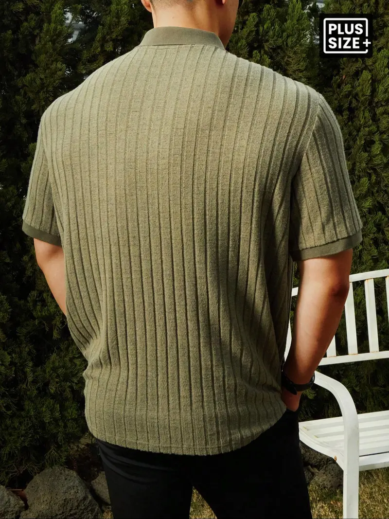 Plus Size Men's Ribbed Polo Shirt – Loose Knit Collar Striped Casual Short Sleeve Top