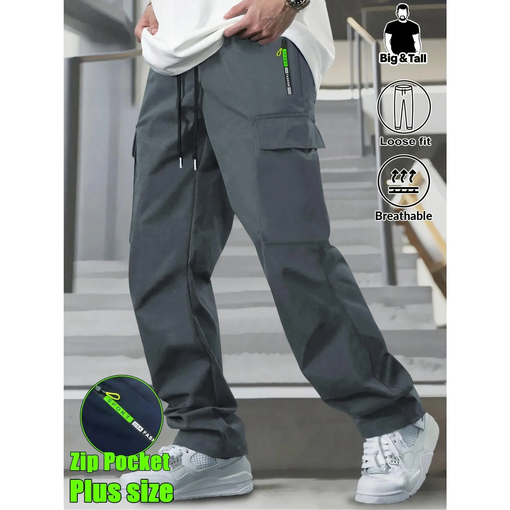 Men's Big & Tall Loose Cargo Pants – Elastic Drawstring Multi-Pocket Casual Streetwear for Outdoor & Daily Wear