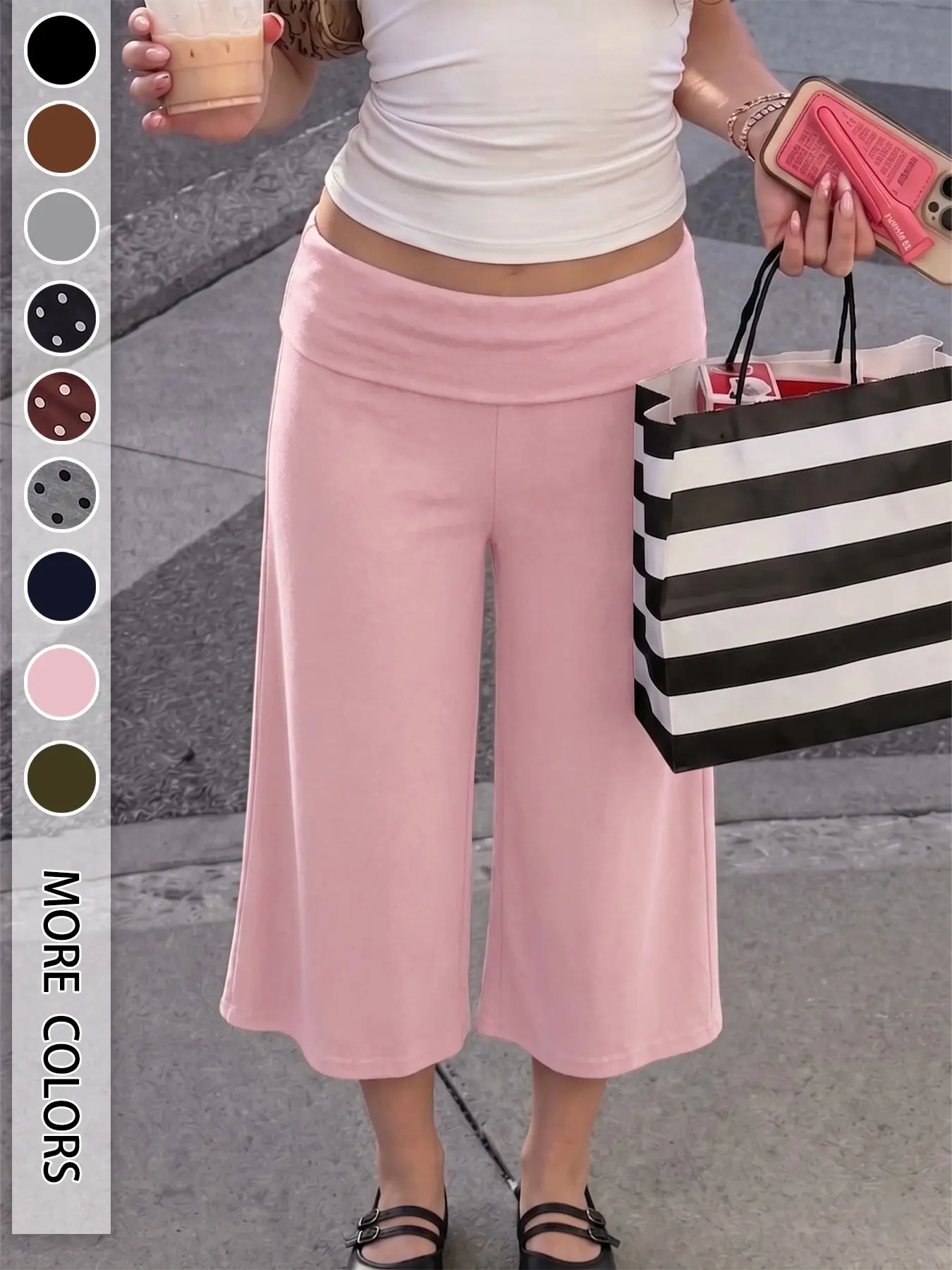 Women's Turn-Up Capri Leggings – Mid Low Waist Loose Fit Yoga Pants