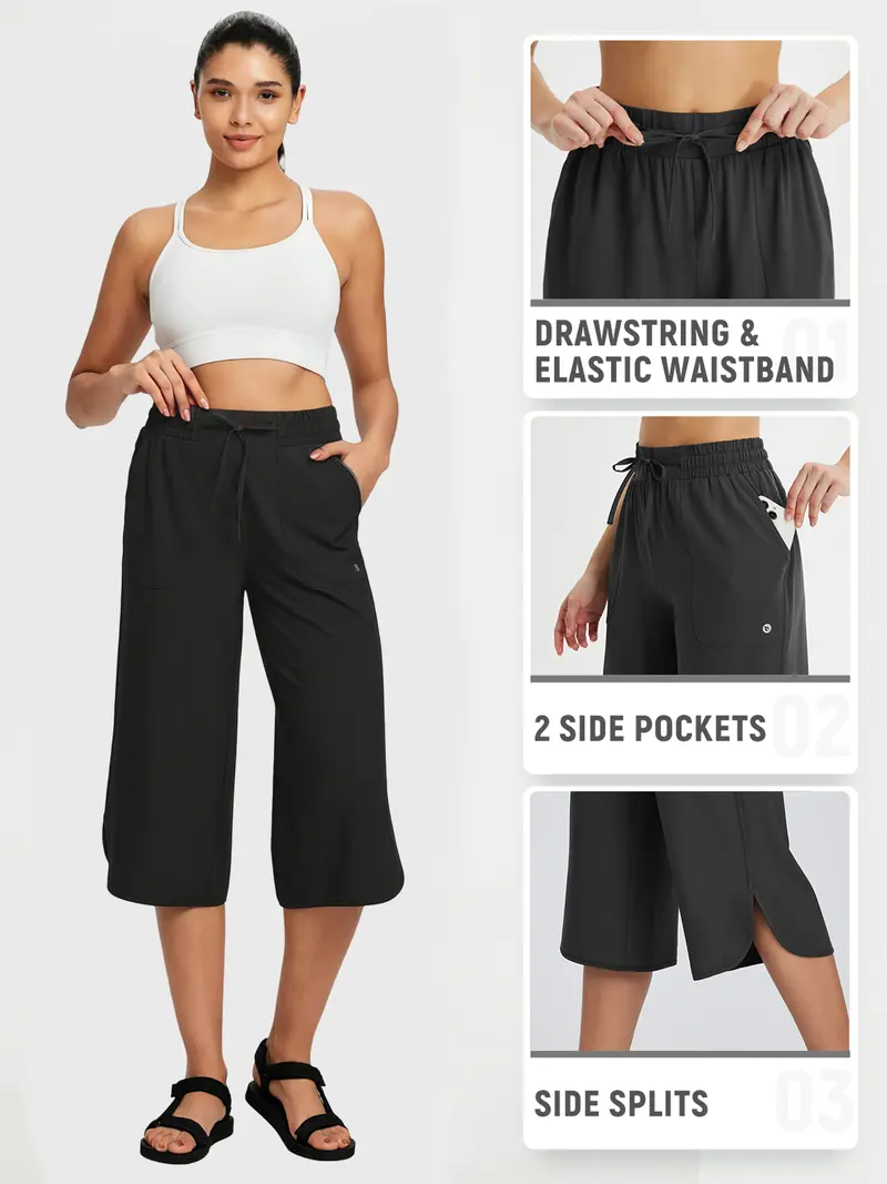 Women's Wide Leg Capri Pants – High Waisted Tummy Control with Deep Pockets, Quick Dry UPF 50+ for Travel & Daily Wear