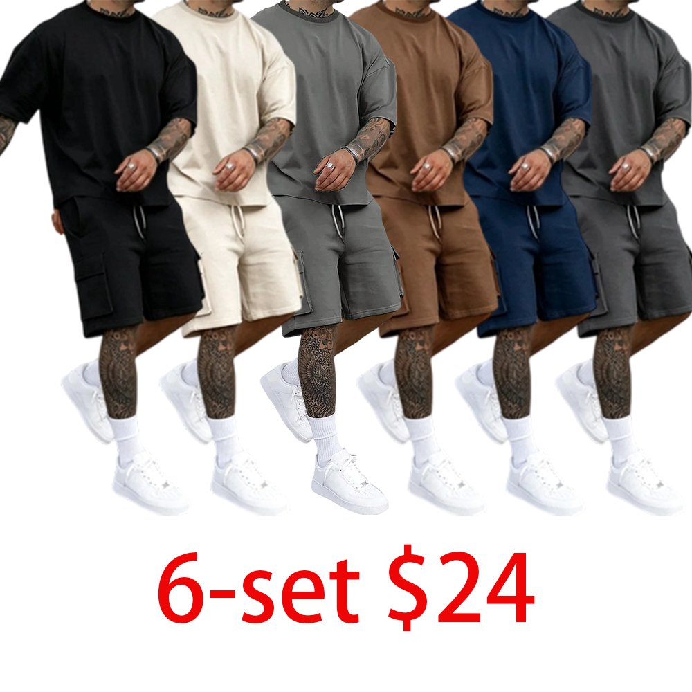 Last Chance! 6 Sets for $24 – Today Only! Men's Solid Color Tee & Drawstring Shorts 2-Piece Loungewear Set – Breathable, Soft, Comfy Summer Sleepwear