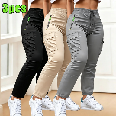 Women's 3-Pack Multi-Pocket Overalls – Drawstring Casual Straight Trousers for Outdoor & Daily Wear