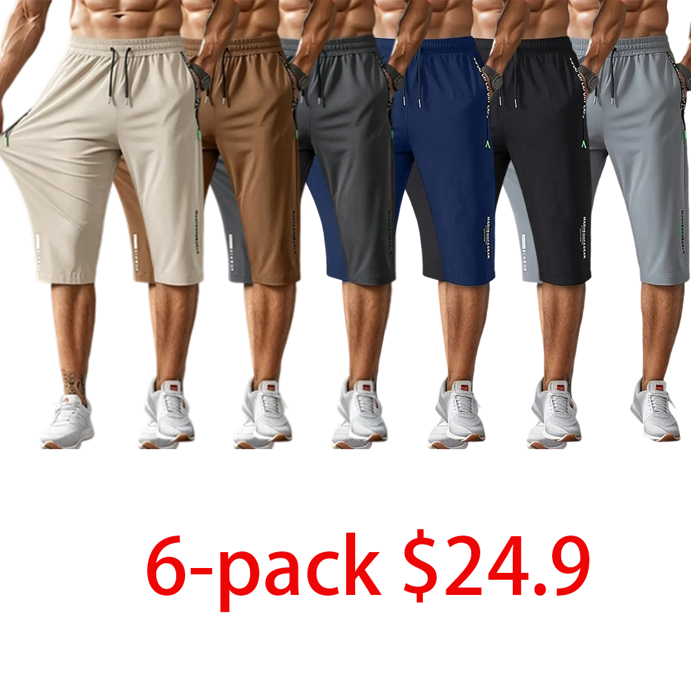 Men's Lightweight Ice Silk 3/4 Pants – Zippered Pockets, Drawstring Waist, Quick Dry for Sports & Running