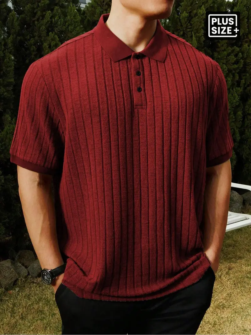 Plus Size Men's Ribbed Polo Shirt – Loose Knit Collar Striped Casual Short Sleeve Top