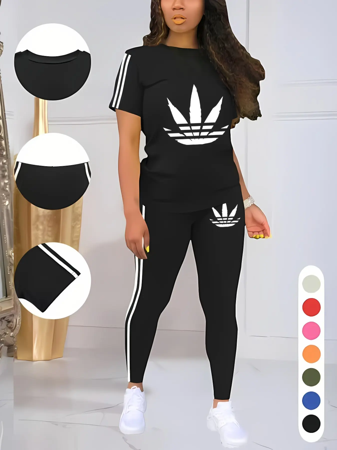 Women's 5-Piece Printed Sporty 2-Piece Set – Round Neck Drawstring Short Sleeve Top & Long Pants, Fitted Letter Pattern Athleisure Wear for Summer Workout & Casual