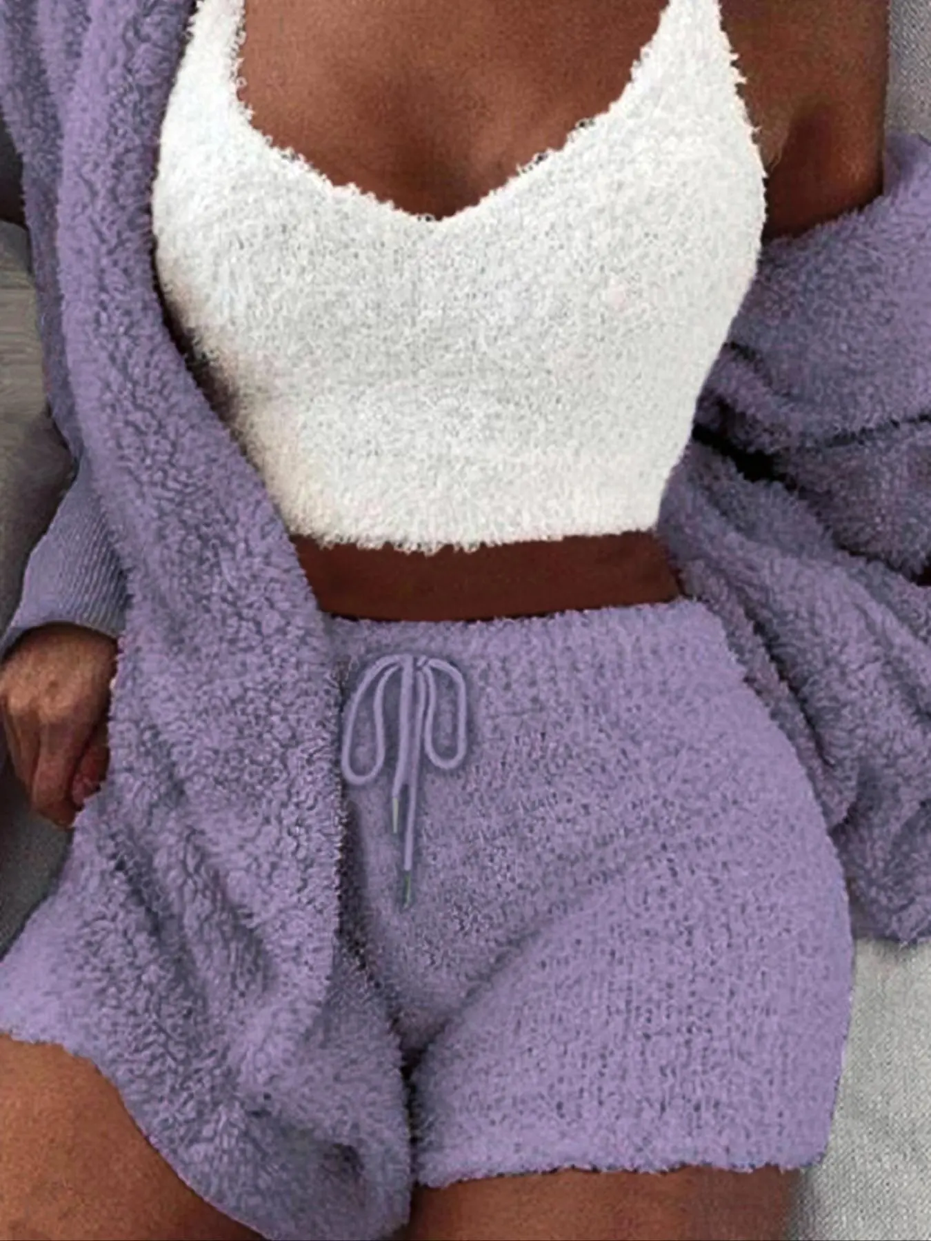 Women's 3-Piece Plush Pajama Set – Fluffy Hooded Coat, Cami Top & Shorts Winter Sleepwear