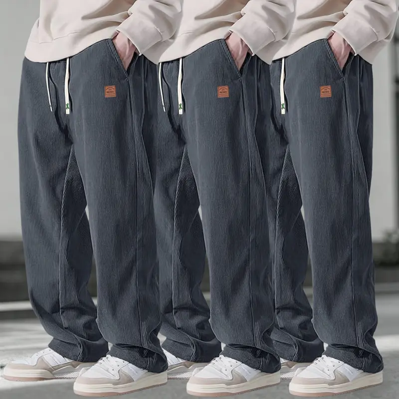 Men's 3-Pack Corduroy Pants – Loose Straight-Leg Drawstring Casual Trousers