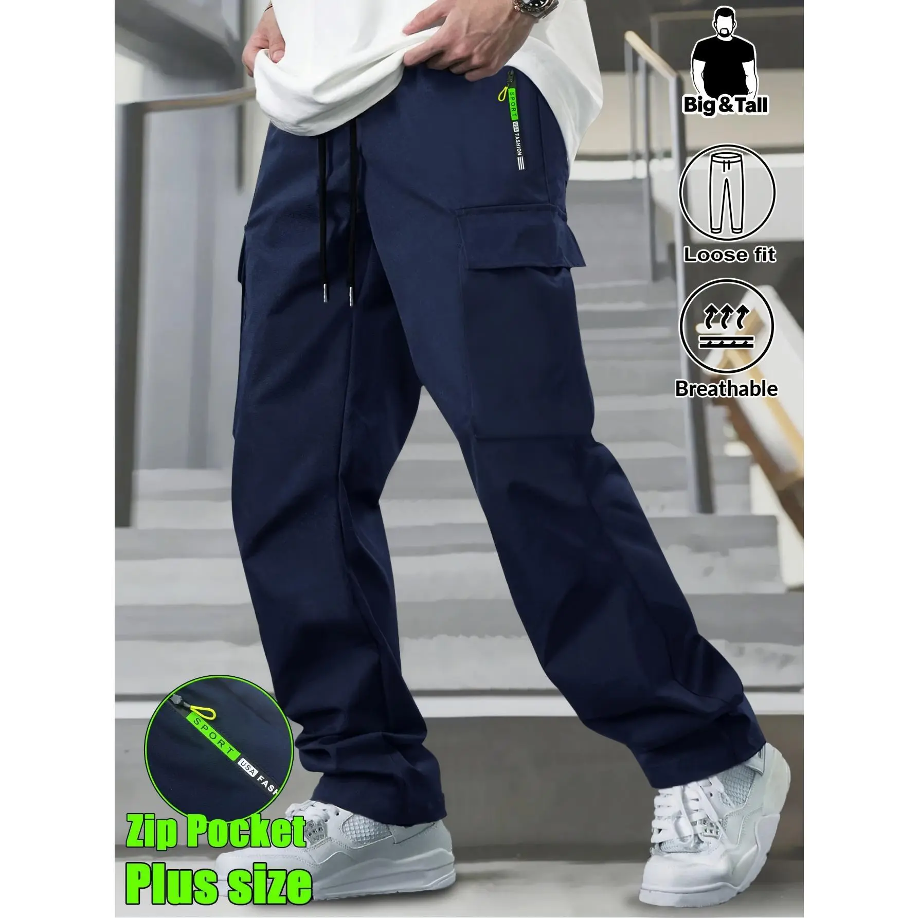 Men's Big & Tall Loose Cargo Pants – Elastic Drawstring Multi-Pocket Casual Streetwear for Outdoor & Daily Wear