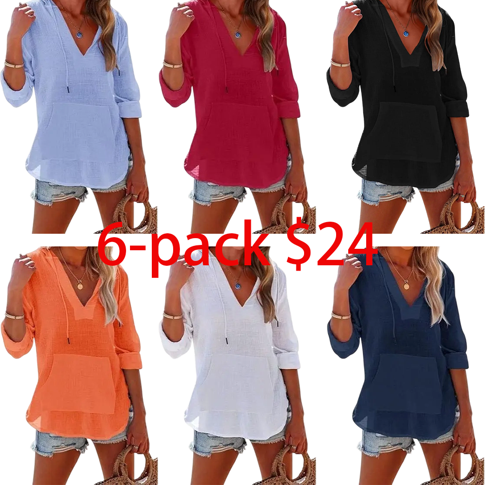 Women's 6-Pack Beach Cover Up Hoodies – Long Sleeve V Neck Pocketed Hooded Shirt Top Casual Womenswear