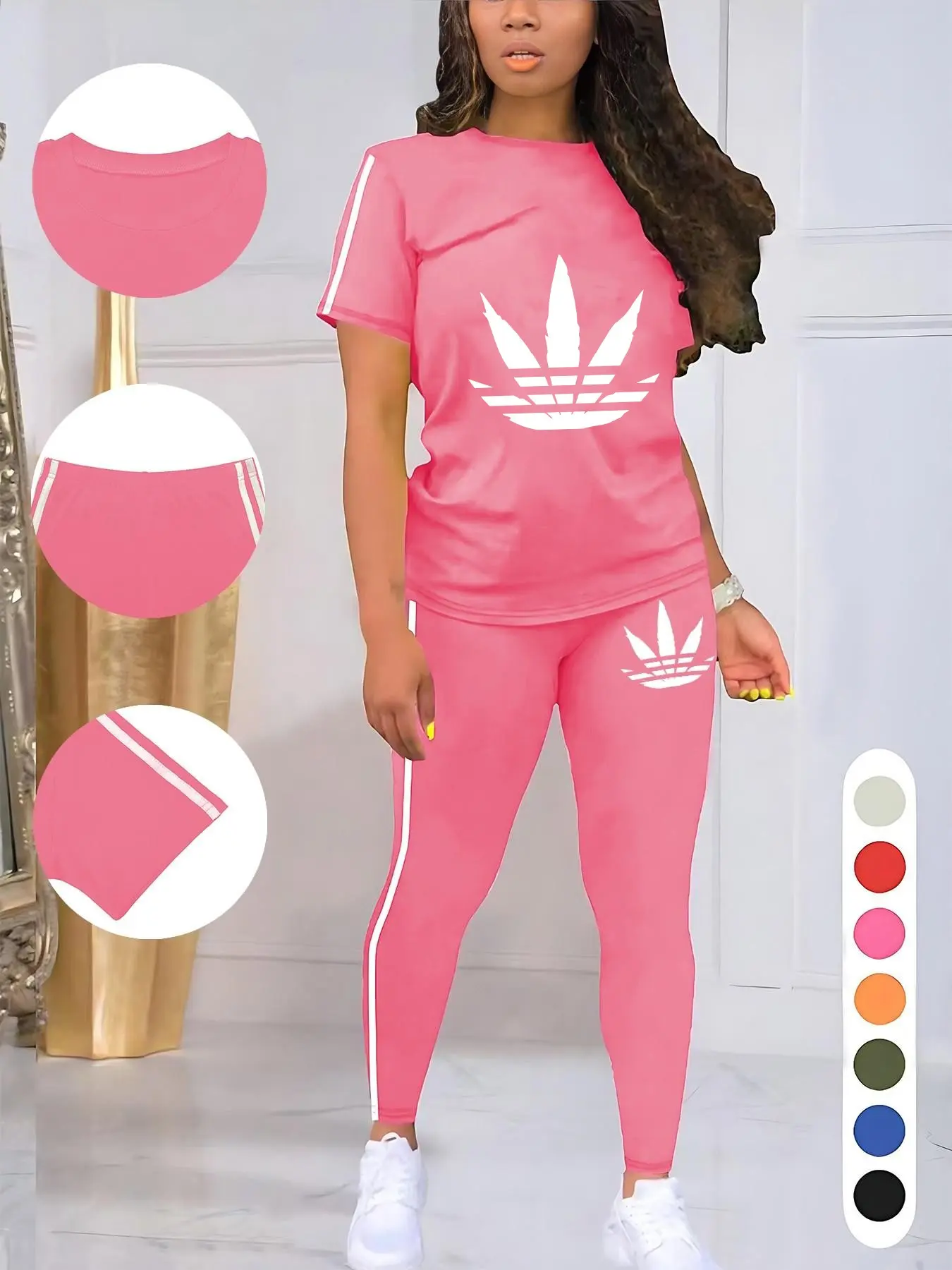 Women's 5-Piece Printed Sporty 2-Piece Set – Round Neck Drawstring Short Sleeve Top & Long Pants, Fitted Letter Pattern Athleisure Wear for Summer Workout & Casual