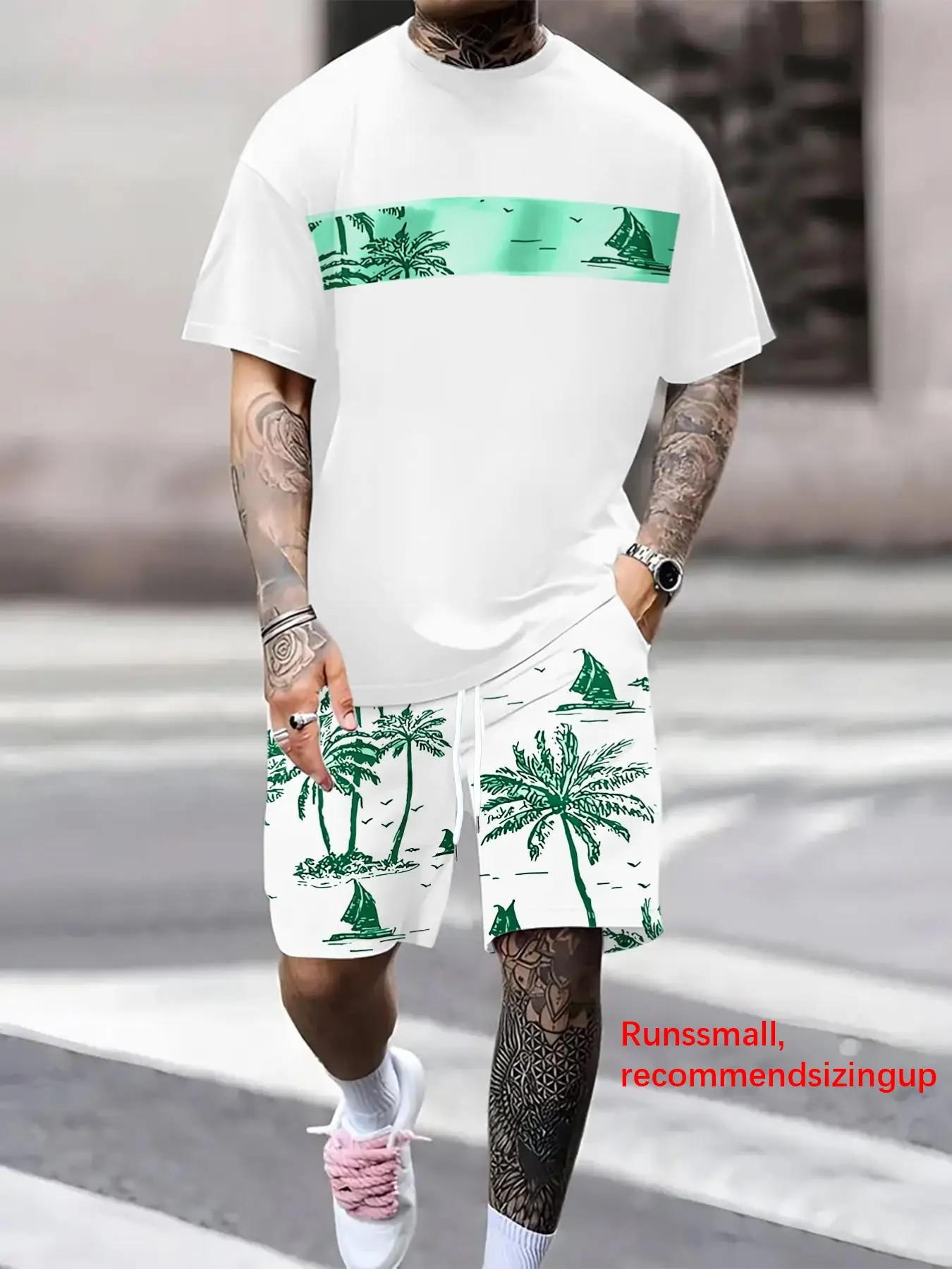 Men's Tropical Palm Tree Print T-Shirt and Shorts Set, Casual Fitted All-Over Print Outfit for Summer, Fashion Comfortable Wear