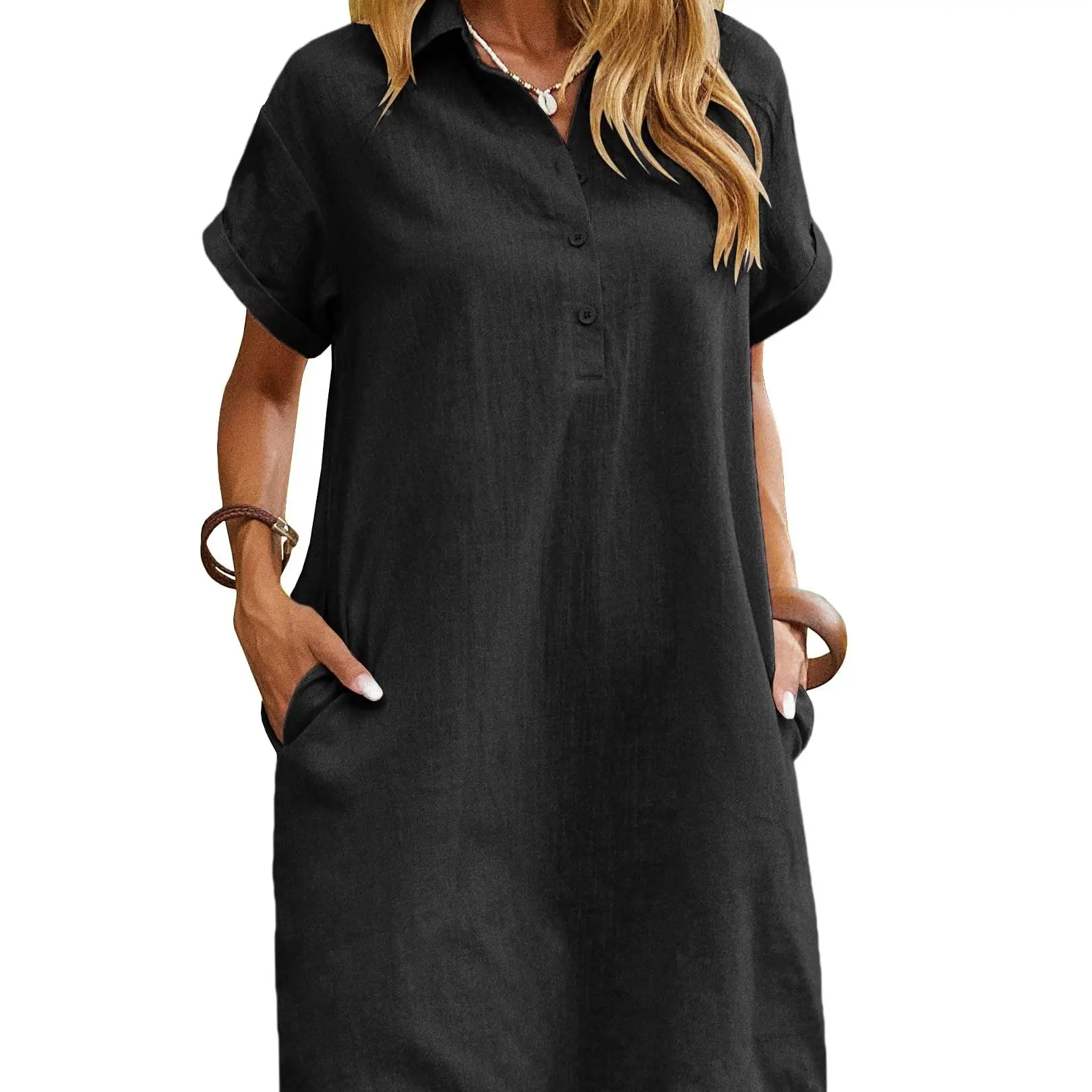 Women's Cotton Shirt Dress – Short Sleeve Button Down Beach Cover Up with Pockets