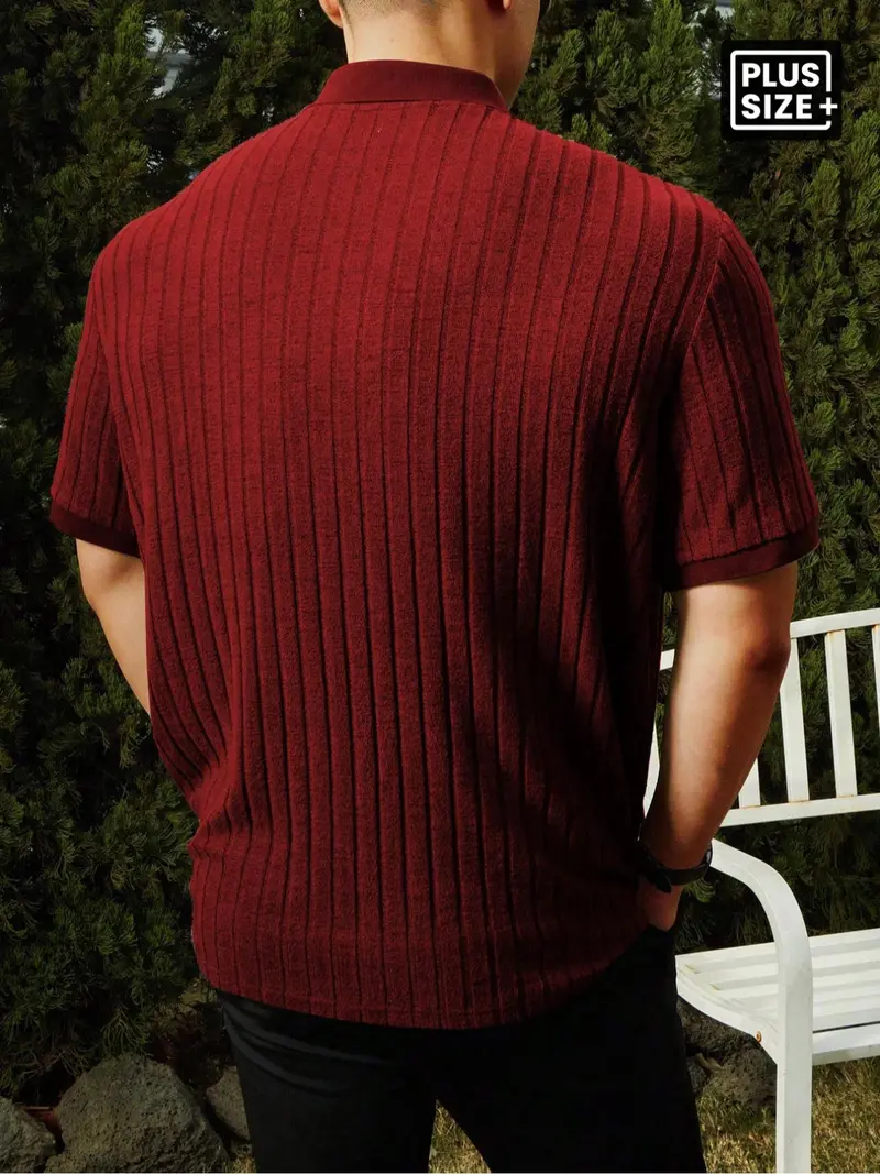 Plus Size Men's Ribbed Polo Shirt – Loose Knit Collar Striped Casual Short Sleeve Top