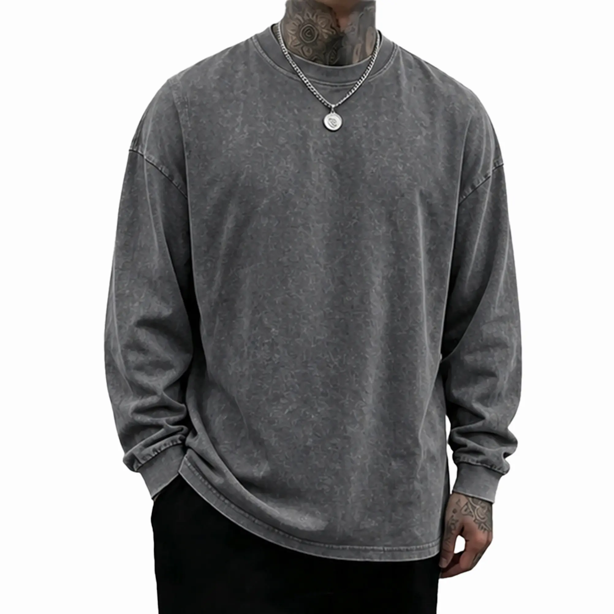 Men's 8-Pack Oversized Washed Long-Sleeve Tee – Unisex Distressed Vintage Crewneck Top