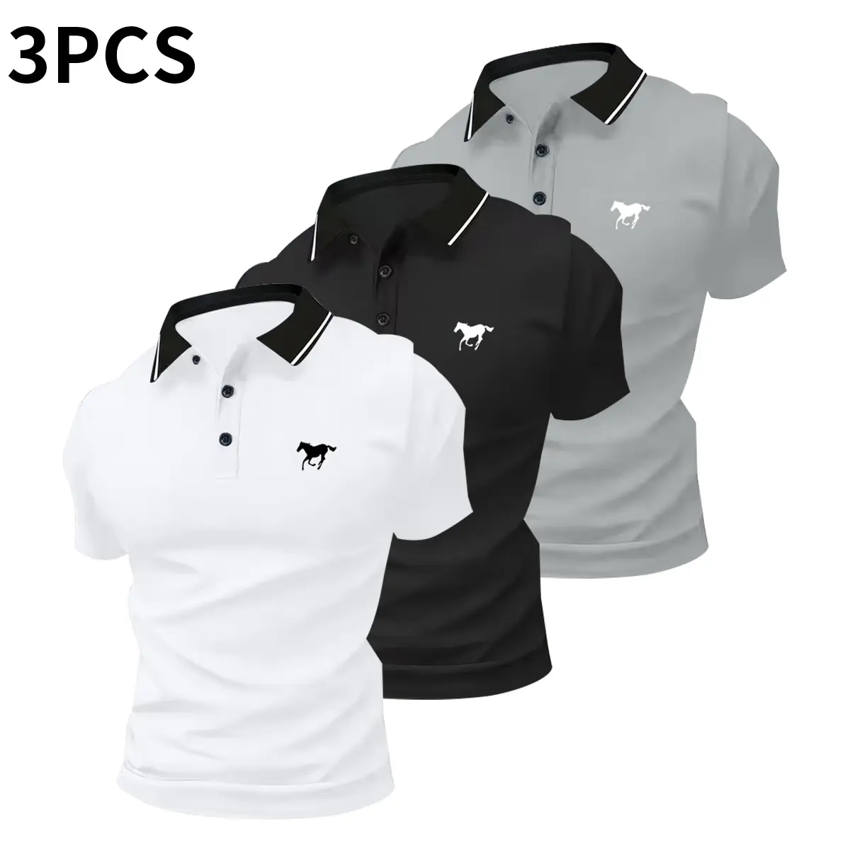 Men’s polo shirt set, casual men’s polo shirt, solid color buttoned basic style