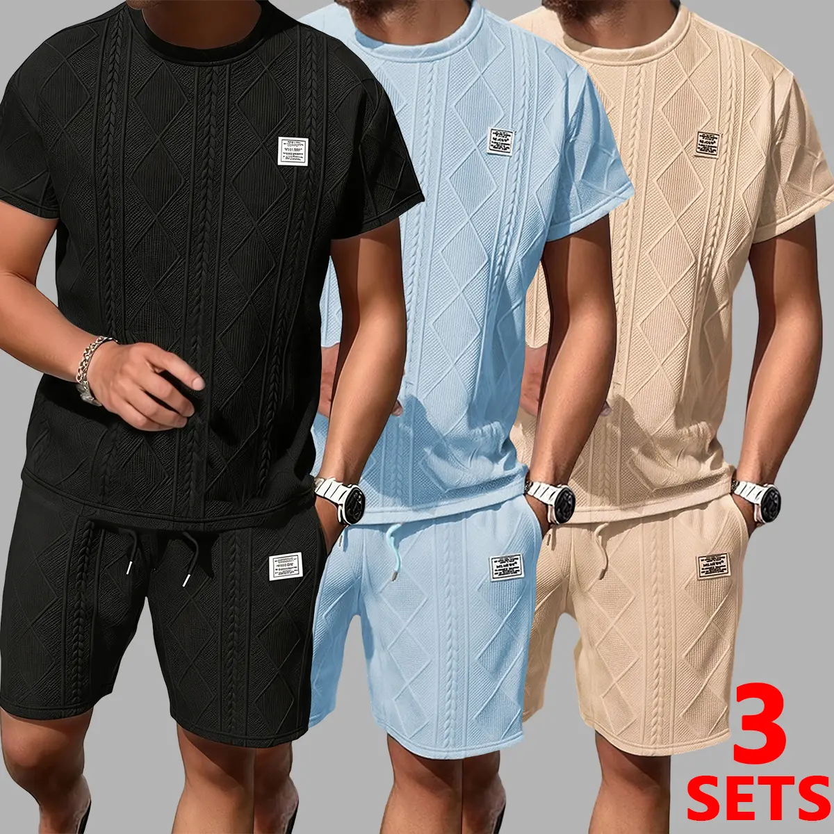 Men's 3 set Casual Jacquard 2-Piece Outfits – Breathable Crew Neck T-Shirt & Shorts Set for Summer Running & Leisure, Preppy Fitted Cut