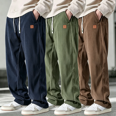 Men's 3-Pack Corduroy Pants – Loose Straight-Leg Drawstring Casual Trousers