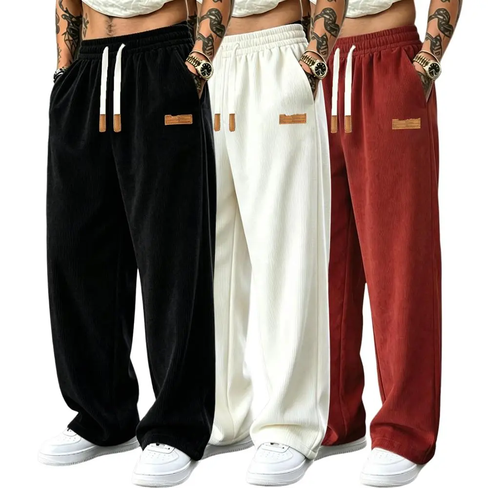 Men's 3-Pack Wide Leg Athletic Pants – Loose Drawstring Casual Streetwear Pants with Leather Tag